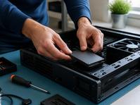 Mãos de um técnico instalando um SSD em um computador aberto